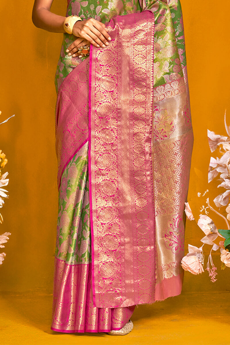 Ratatouille Green Kanjivaram Silk Saree With Engrossing Blouse Piece