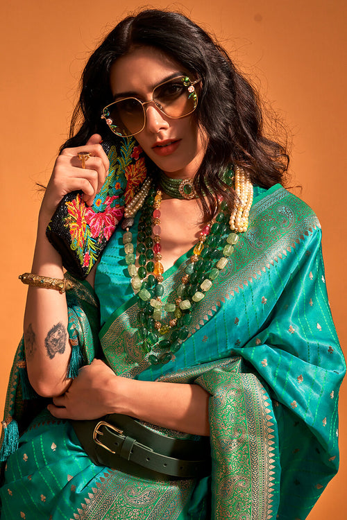 Load image into Gallery viewer, Fugacious Rama Soft Banarasi Silk Saree With Ineffable Blouse Piece
