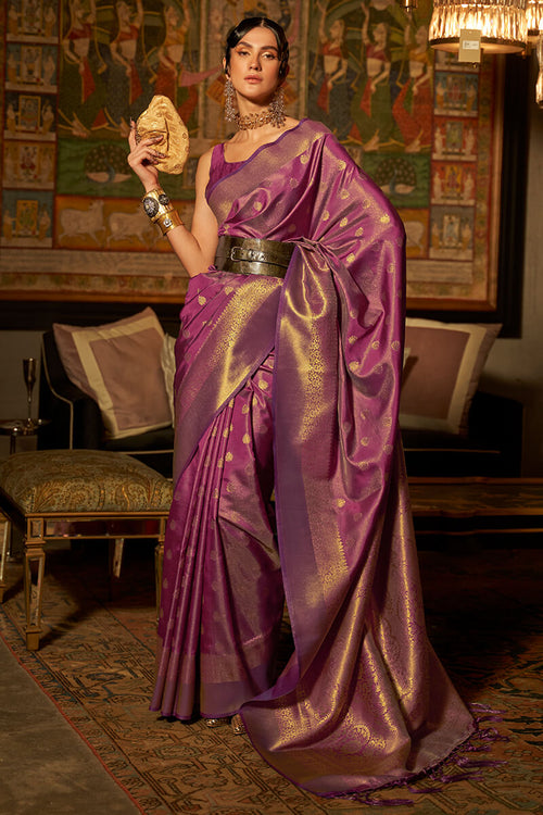 Load image into Gallery viewer, Innovative Purple Kanjivaram Silk Saree With Gleaming Blouse Piece
