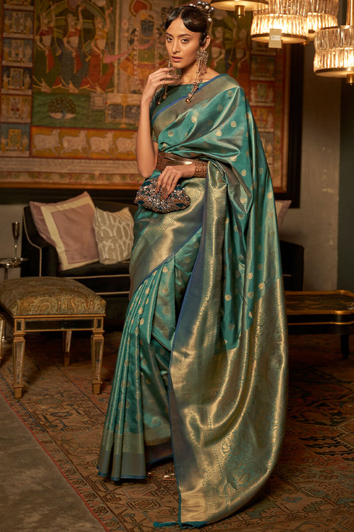 Load image into Gallery viewer, Precious Rama Kanjivaram Silk Saree With Alluring Blouse Piece
