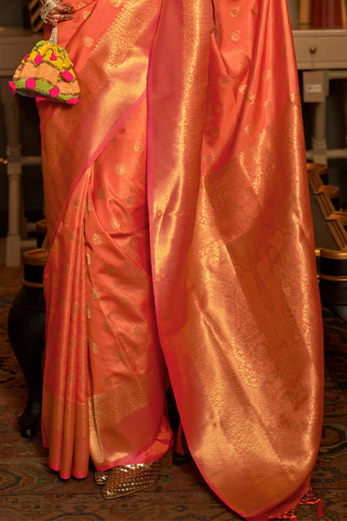 Load image into Gallery viewer, Breathtaking Peach Kanjivaram Silk Saree With Mesmeric Blouse Piece
