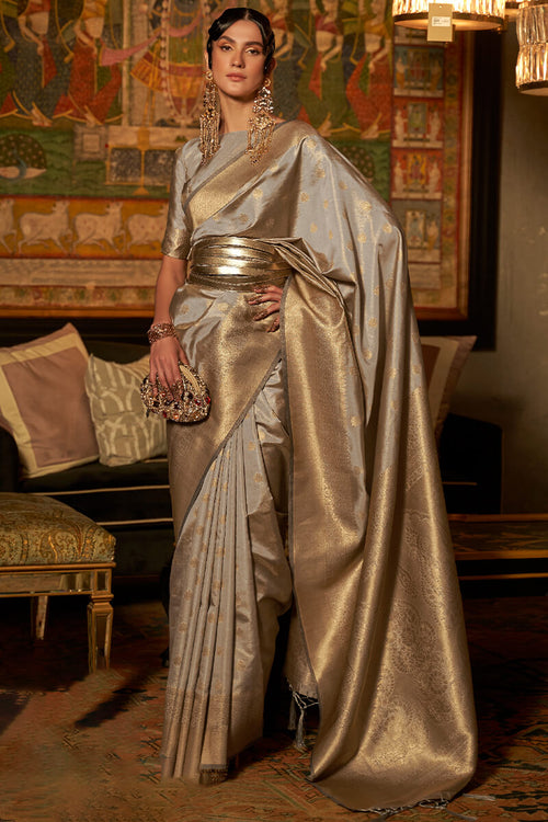 Load image into Gallery viewer, Desirable Grey Kanjivaram Silk Saree With Fairytale Blouse Piece
