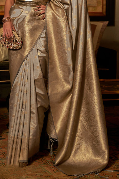 Load image into Gallery viewer, Desirable Grey Kanjivaram Silk Saree With Fairytale Blouse Piece
