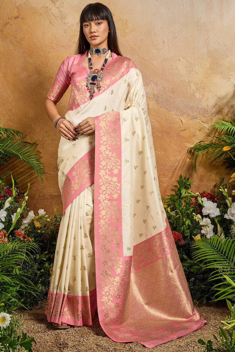 Brood Beige Pure Zari Weaving Banarasi Silk Saree With Exquisite Blouse Piece