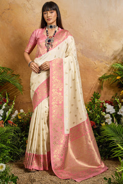 Brood Beige Pure Zari Weaving Banarasi Silk Saree With Exquisite Blouse Piece
