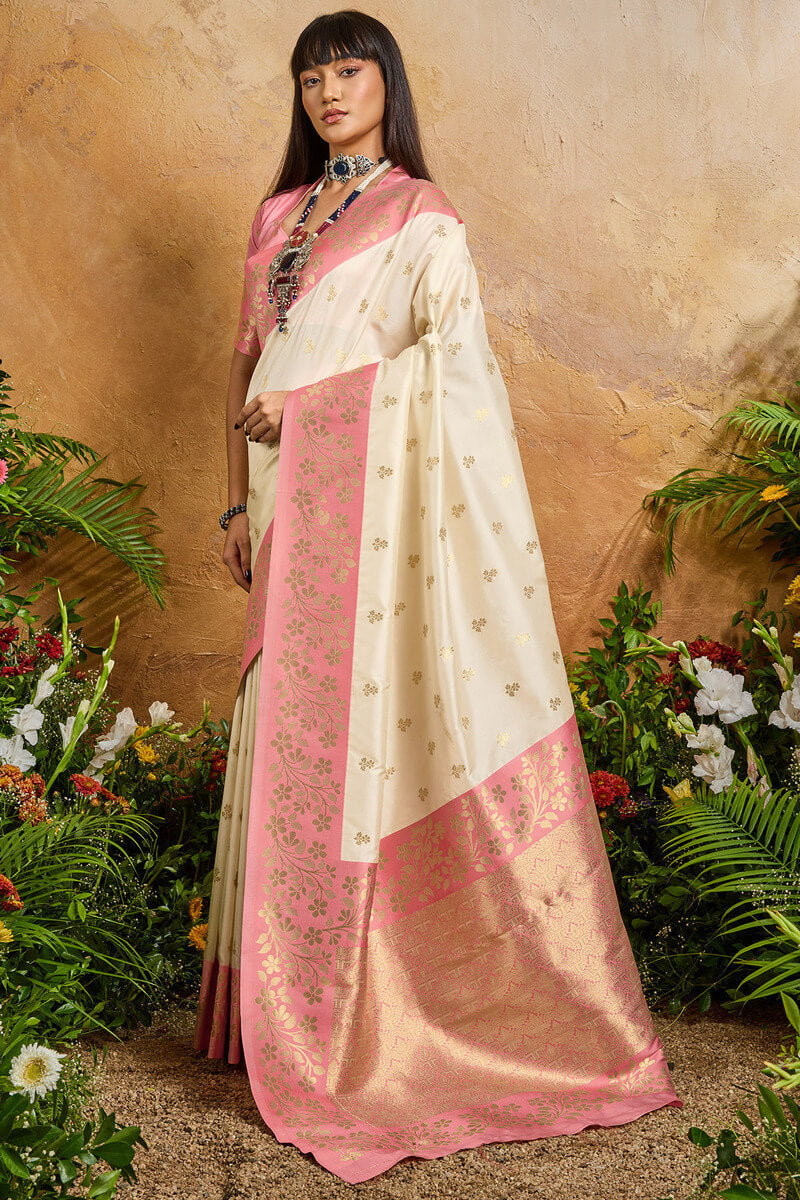 Brood Beige Pure Zari Weaving Banarasi Silk Saree With Exquisite Blouse Piece