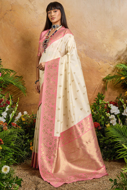 Brood Beige Pure Zari Weaving Banarasi Silk Saree With Exquisite Blouse Piece