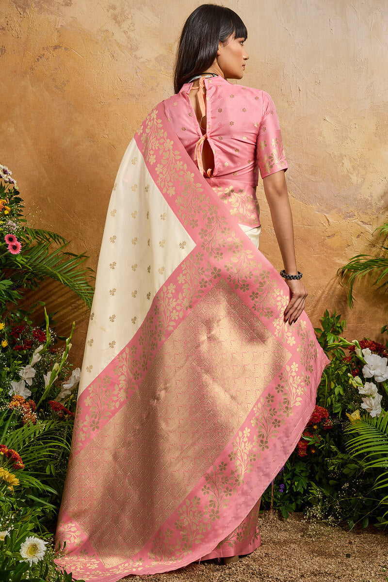 Brood Beige Pure Zari Weaving Banarasi Silk Saree With Exquisite Blouse Piece