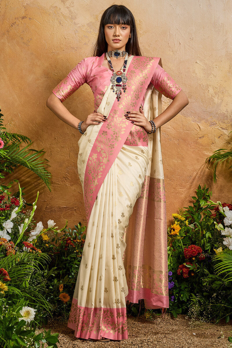 Brood Beige Pure Zari Weaving Banarasi Silk Saree With Exquisite Blouse Piece