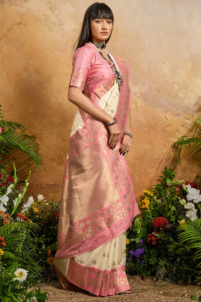 Brood Beige Pure Zari Weaving Banarasi Silk Saree With Exquisite Blouse Piece