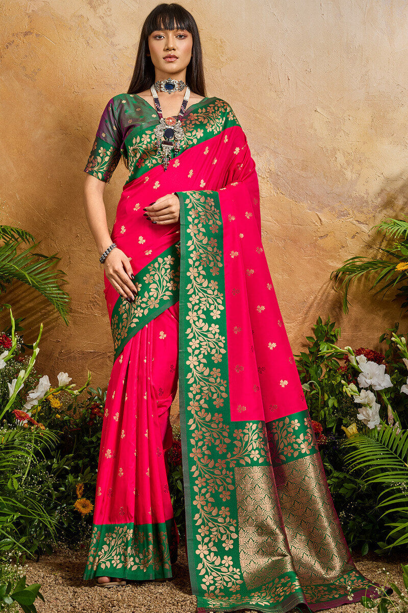 Improbable Dark Pink Pure Zari Weaving Banarasi Silk Saree With Efflorescence Blouse Piece