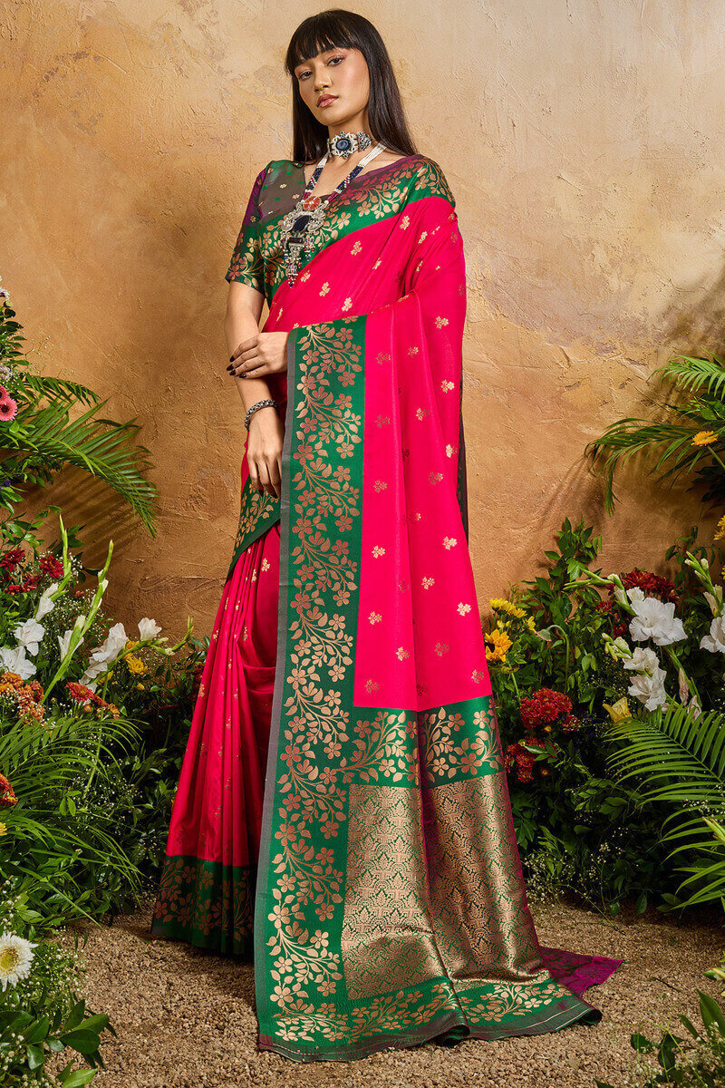 Improbable Dark Pink Pure Zari Weaving Banarasi Silk Saree With Efflorescence Blouse Piece