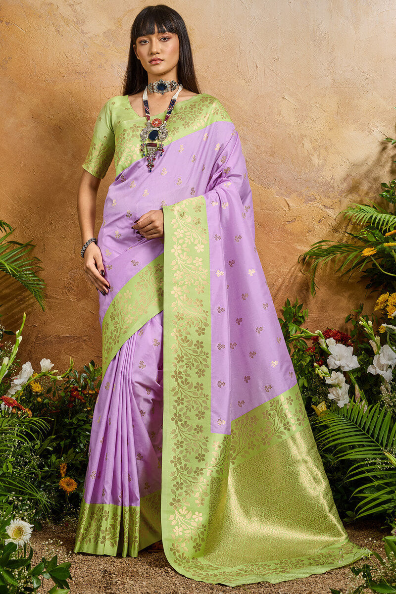 Evocative Lavender Pure Zari Weaving Banarasi Silk Saree With Sophisticated Blouse Piece