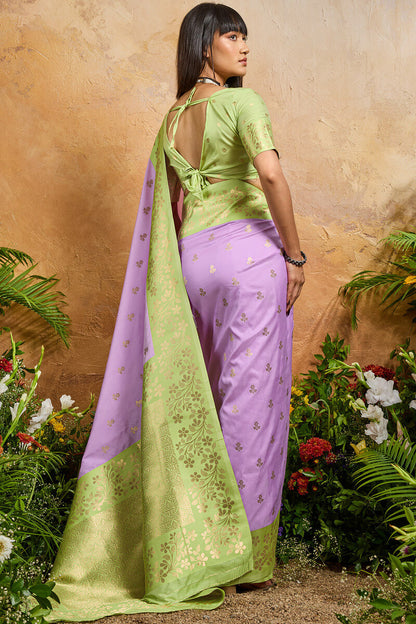 Evocative Lavender Pure Zari Weaving Banarasi Silk Saree With Sophisticated Blouse Piece