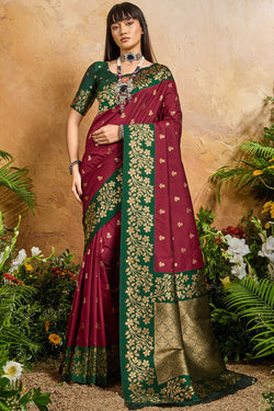 Imbrication Maroon Pure Zari Weaving Banarasi Silk Saree With Bewitching Blouse Piece