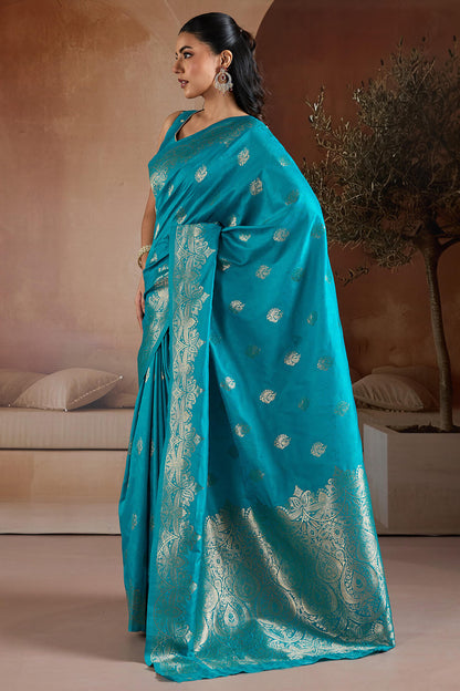 Delightful Firozi Pure Zari Weaving Banarasi Silk Saree With Elegant Blouse Piece