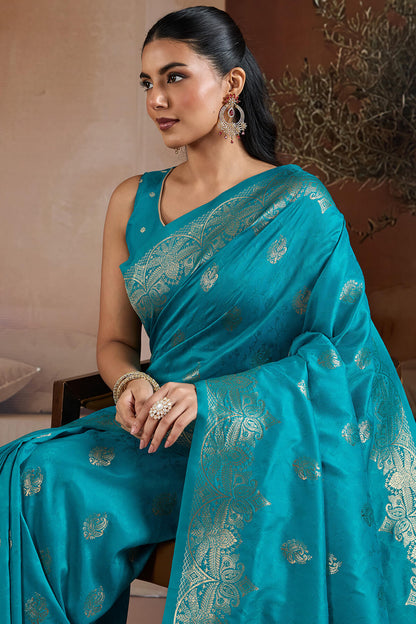 Delightful Firozi Pure Zari Weaving Banarasi Silk Saree With Elegant Blouse Piece