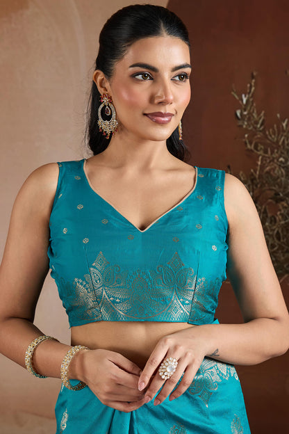 Delightful Firozi Pure Zari Weaving Banarasi Silk Saree With Elegant Blouse Piece