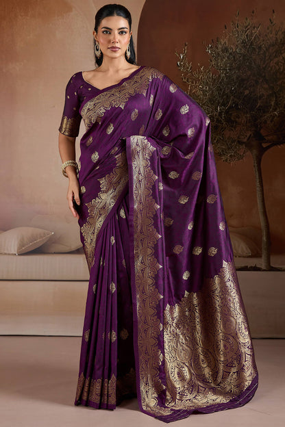 Surreptitious Purple Pure Zari Weaving Banarasi Silk Saree With Majesty Blouse Piece