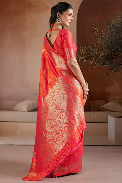 Fugacious Pink Pure Zari Weaving Banarasi Silk Saree With Piquant Blouse Piece