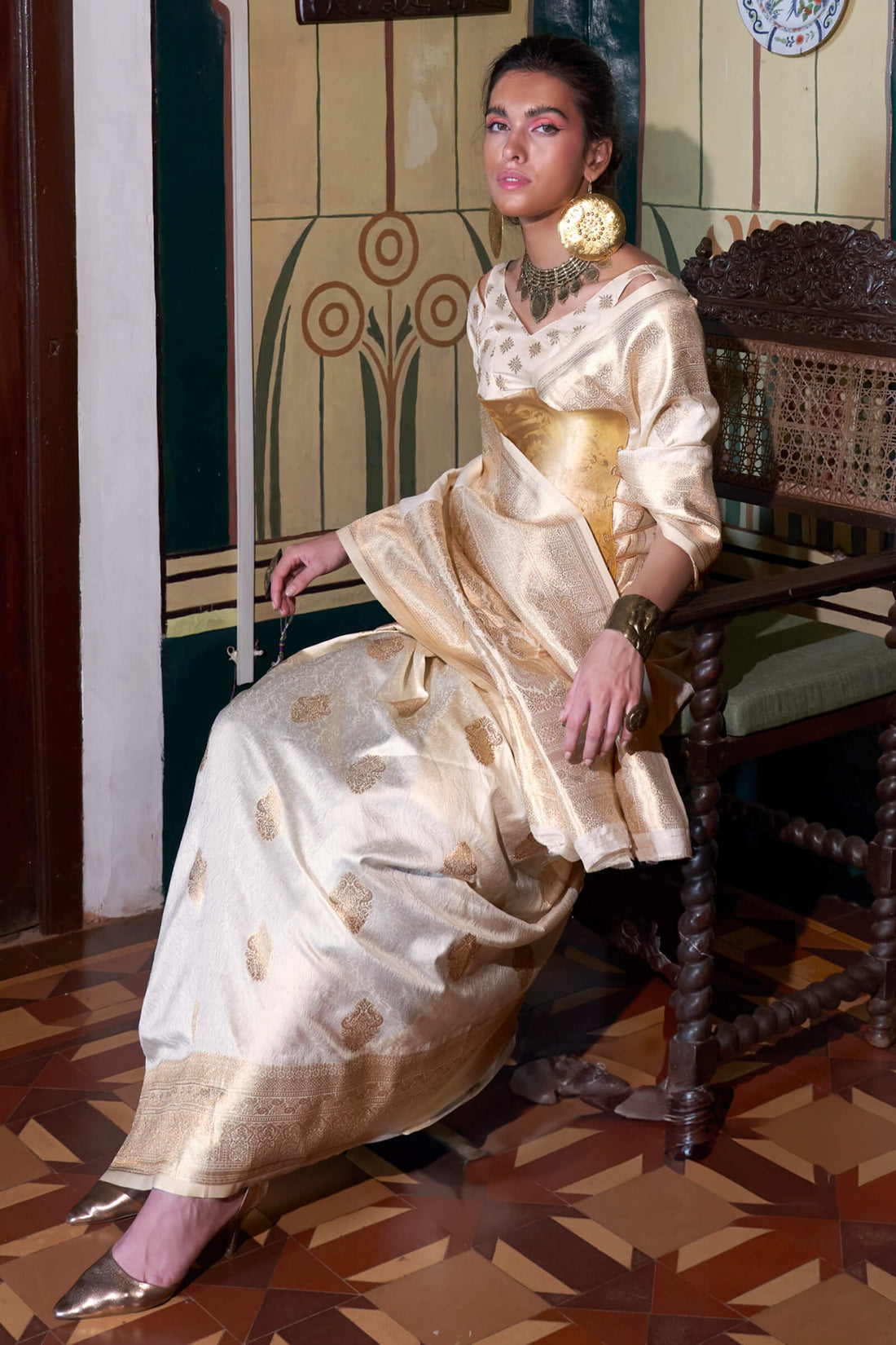 Most Stunning Beige Soft Banarasi Silk Saree With Excellent Blouse Piece