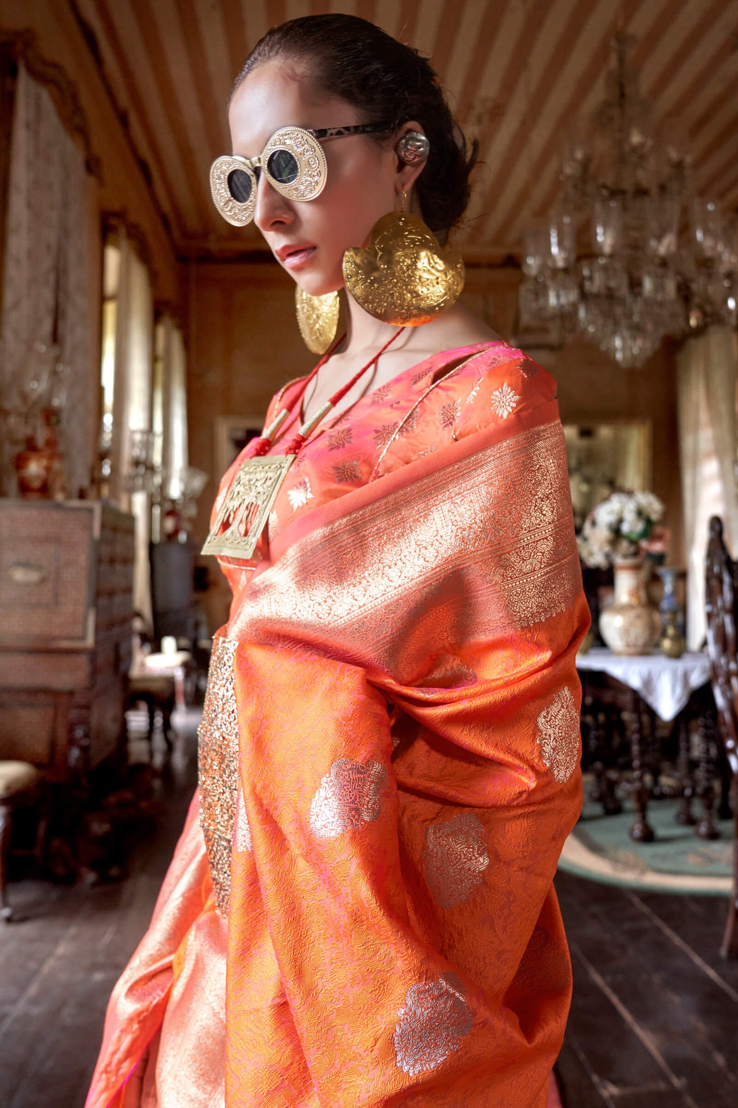Pleasurable Orange Soft Banarasi Silk Saree With Nebula Blouse Piece