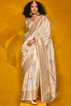 Majesty Beige Soft Banarasi Silk Saree With Inspiring Blouse Piece