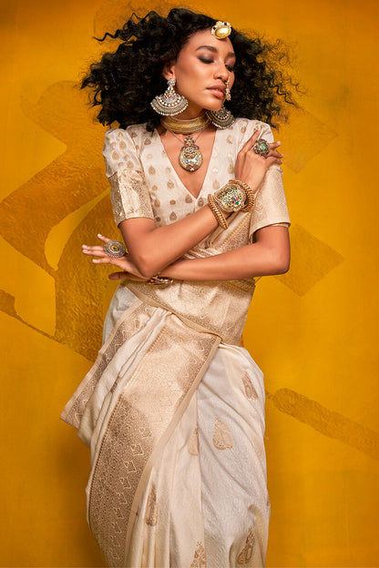 Majesty Beige Soft Banarasi Silk Saree With Inspiring Blouse Piece