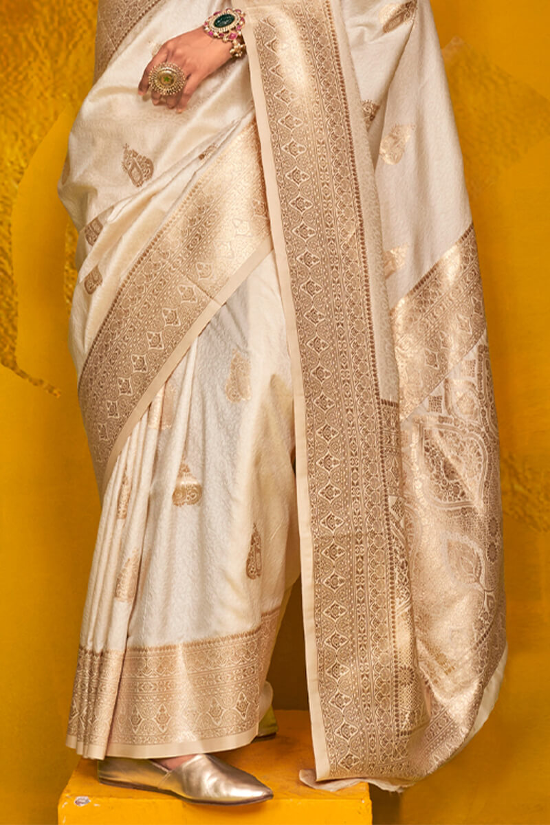 Majesty Beige Soft Banarasi Silk Saree With Inspiring Blouse Piece