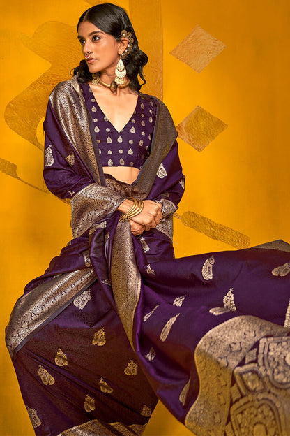 Entrancing Purple Soft Banarasi Silk Saree With Beauteous Blouse Piece