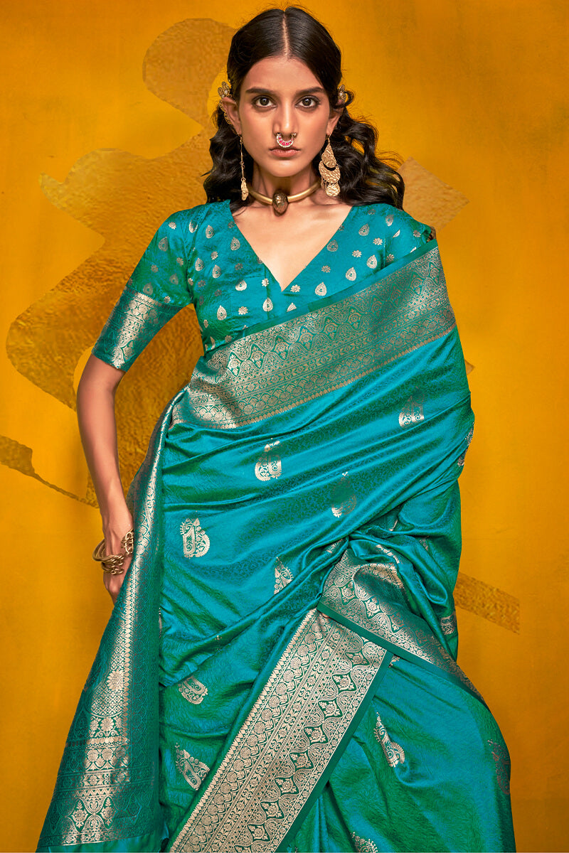 Profuse Rama Soft Banarasi Silk Saree With Charismatic Blouse Piece