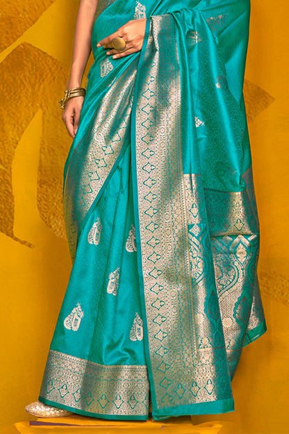 Profuse Rama Soft Banarasi Silk Saree With Charismatic Blouse Piece