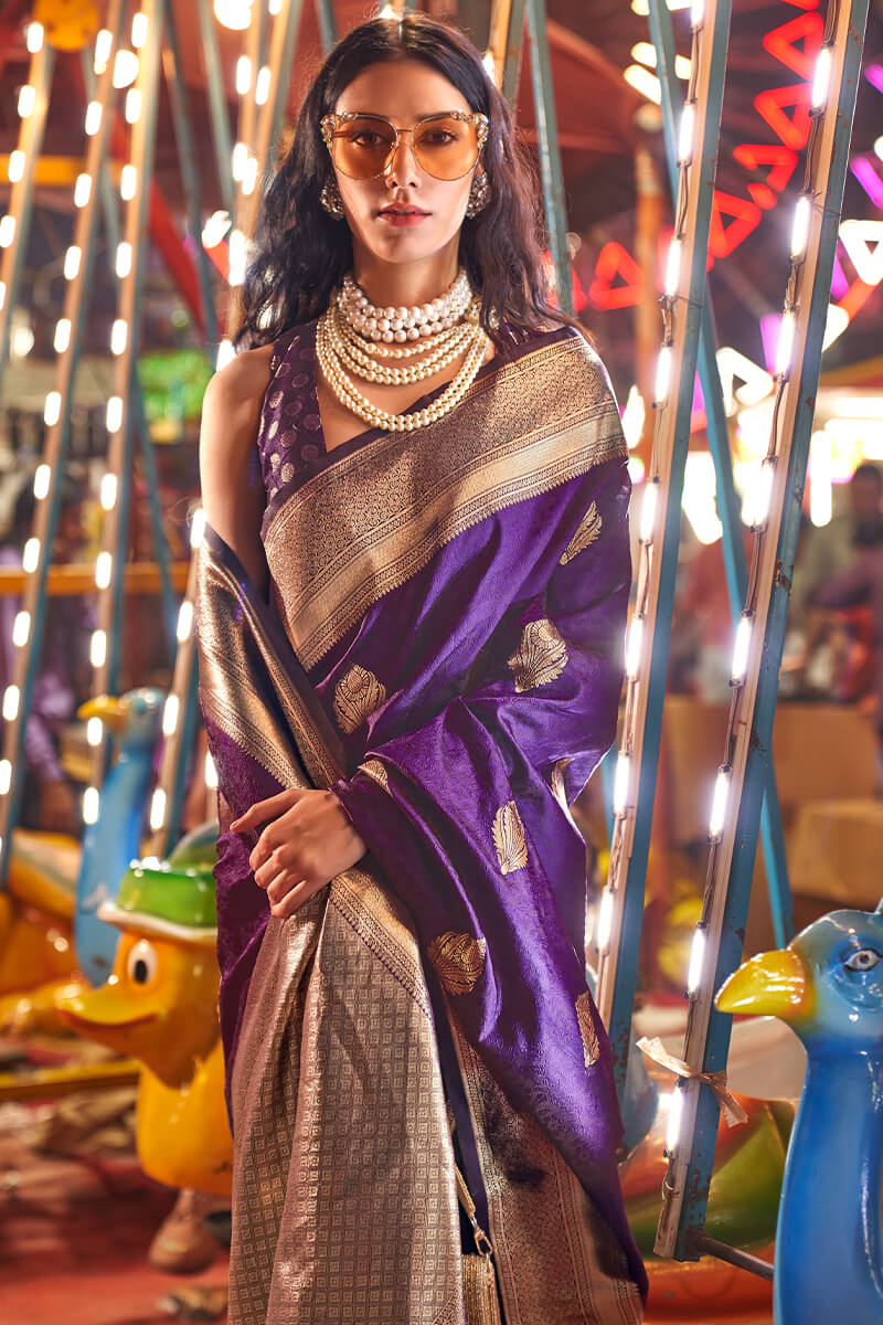 Prominent Purple Soft Banarasi Silk Saree With Desirable Blouse Piece