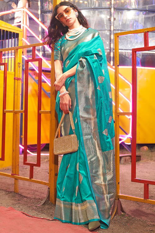 Load image into Gallery viewer, Prominent Turquoise Soft Banarasi Silk Saree With Desirable Blouse Piece
