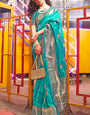 Prominent Turquoise Soft Banarasi Silk Saree With Desirable Blouse Piece