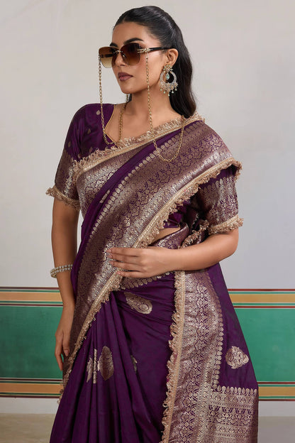 Admirable Purple Pure Zari Weaving Banarasi Silk Saree With Fancy Lace Border