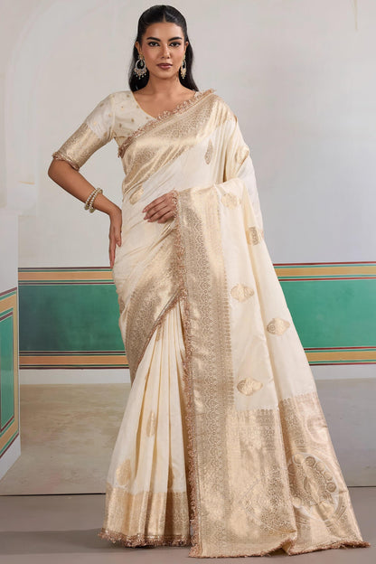 Improbable Beige Pure Zari Weaving Banarasi Silk Saree With Fancy Lace Border