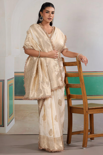 Improbable Beige Pure Zari Weaving Banarasi Silk Saree With Fancy Lace Border