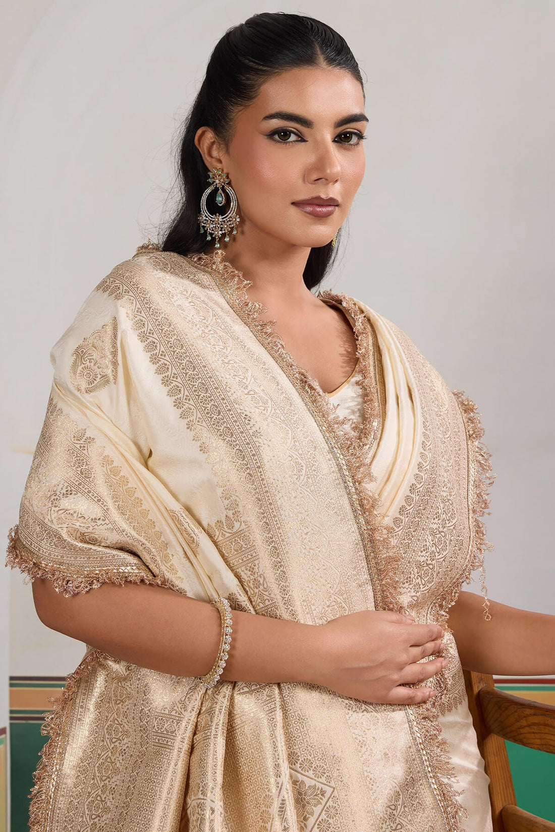 Improbable Beige Pure Zari Weaving Banarasi Silk Saree With Fancy Lace Border