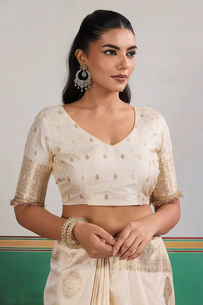 Improbable Beige Pure Zari Weaving Banarasi Silk Saree With Fancy Lace Border