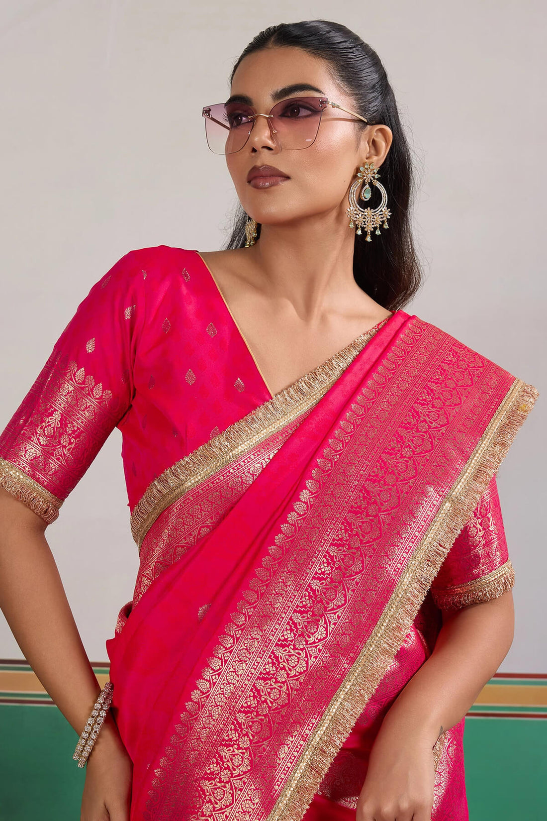 Engaging Dark Pink Pure Zari Weaving Banarasi Silk Saree With Fancy Lace Border
