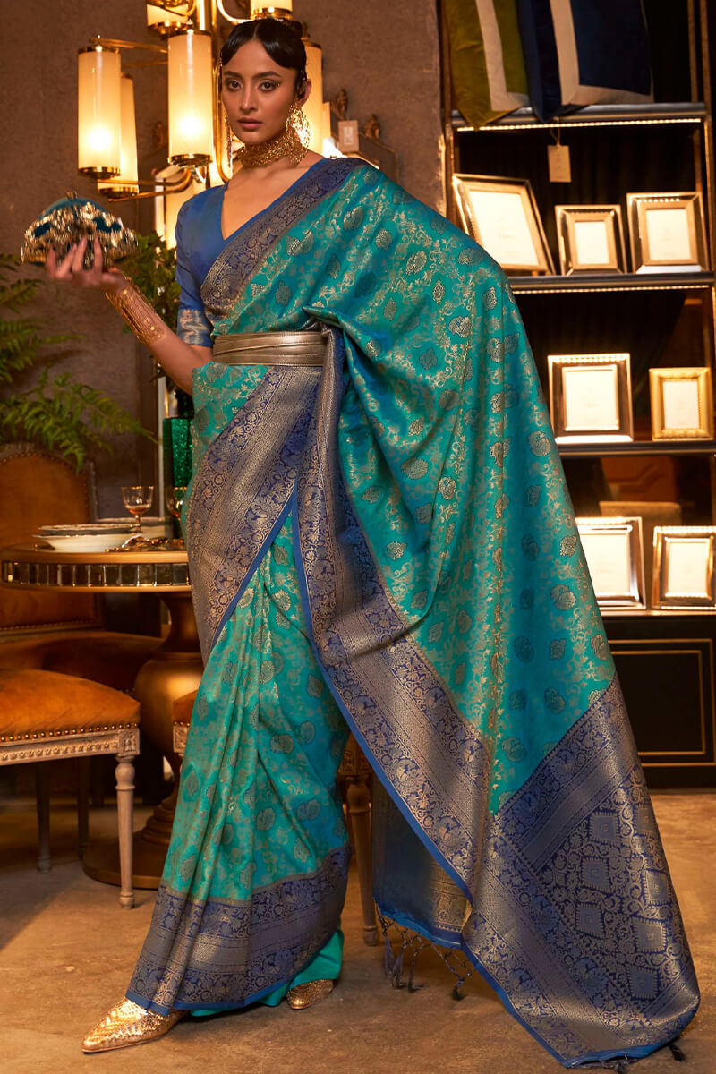 Preferable Rama Kanjivaram Silk Saree With Traditional Blouse Piece