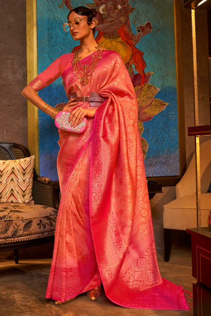 Pleasant Orange Kanjivaram Silk Saree With Bewitching Blouse Piece