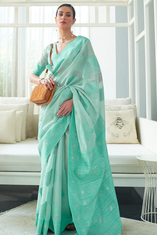 Load image into Gallery viewer, Skinny Sky Cotton Silk Saree With Gratifying Blouse Piece
