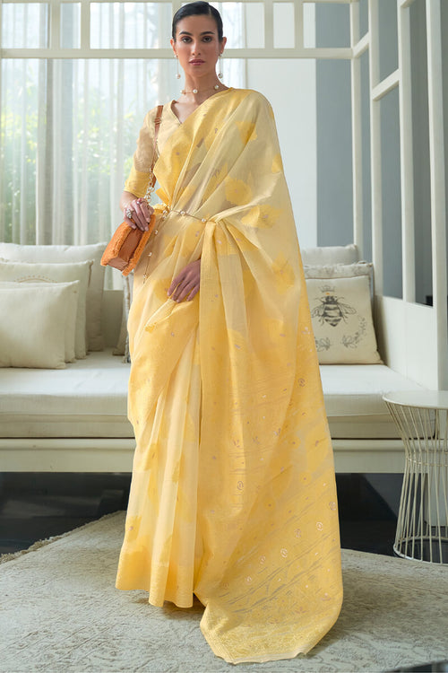 Load image into Gallery viewer, Exceptional Yellow Cotton Silk Saree With Flamboyant Blouse Piece
