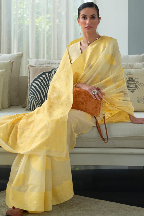 Load image into Gallery viewer, Exceptional Yellow Cotton Silk Saree With Flamboyant Blouse Piece
