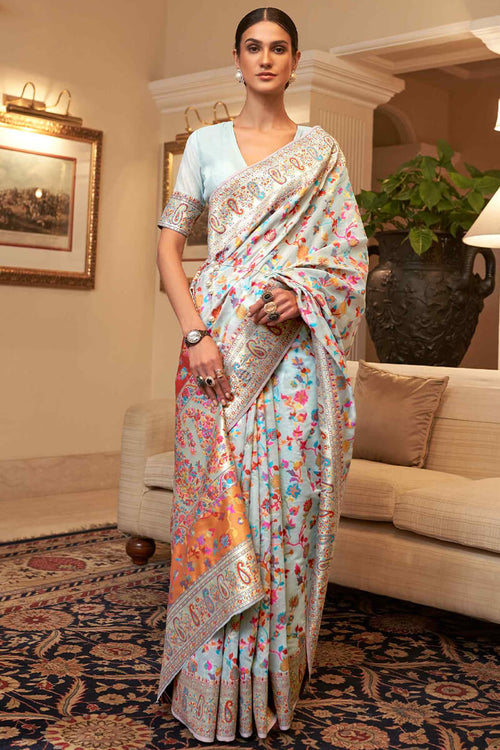 Load image into Gallery viewer, Exuberant Sky Pashmina saree With Ratatouille Blouse Piece
