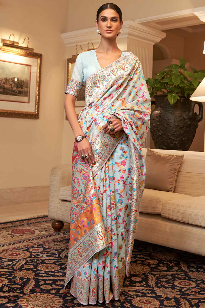 Exuberant Sky Pashmina saree With Ratatouille Blouse Piece