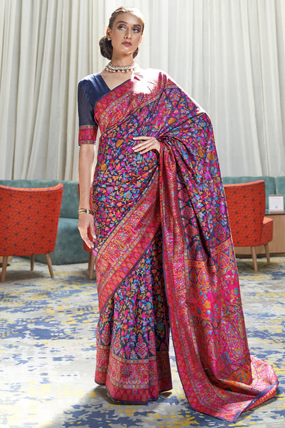 Opulent Navy Blue Pashmina saree With Entrancing Blouse Piece