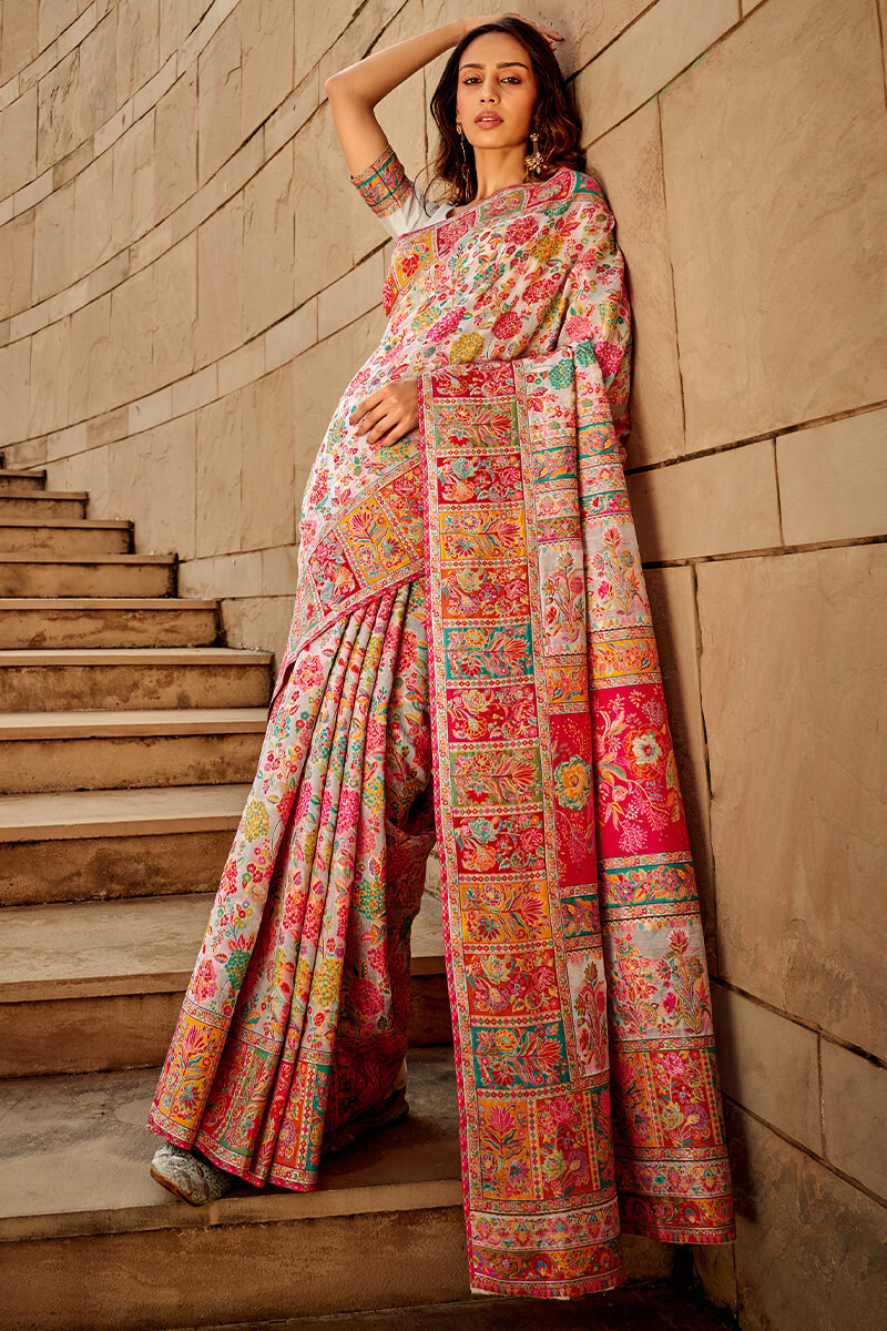 Elegant Beige Pashmina Saree With Adorning Blouse Piece